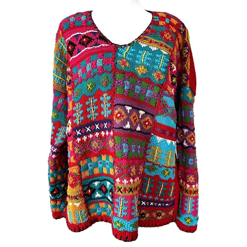 Vintage Rainbow Multicolor Knit Sweater 80s 90s Funky Grandma 3D Size XL